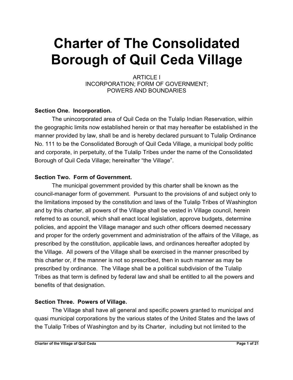 Charter of the Consolidated Borough of Quil Ceda Village