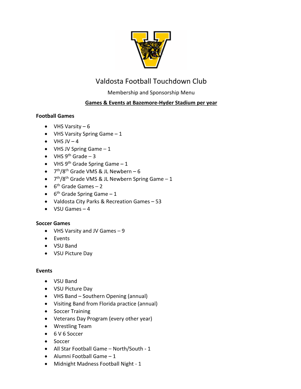 Valdosta Football Touchdown Club Membership and Sponsorship Menu Games & Events at Bazemore-Hyder Stadium Per Year