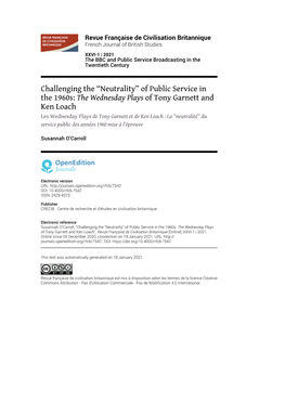 Revue Française De Civilisation Britannique, XXVI-1 | 2021 Challenging the “Neutrality” of Public Service in the 1960S: the Wednesday Pl