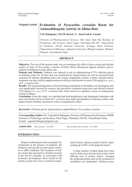 Original Article Evaluation of Pyracantha Crenulata Roem for Antiurolithogenic Activity in Albino Rats
