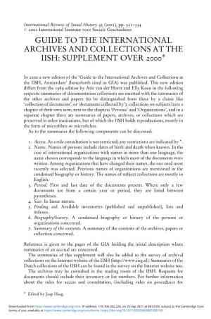 Guide to the International Archives and Collections at the Iish: Supplement Over 2000Ã