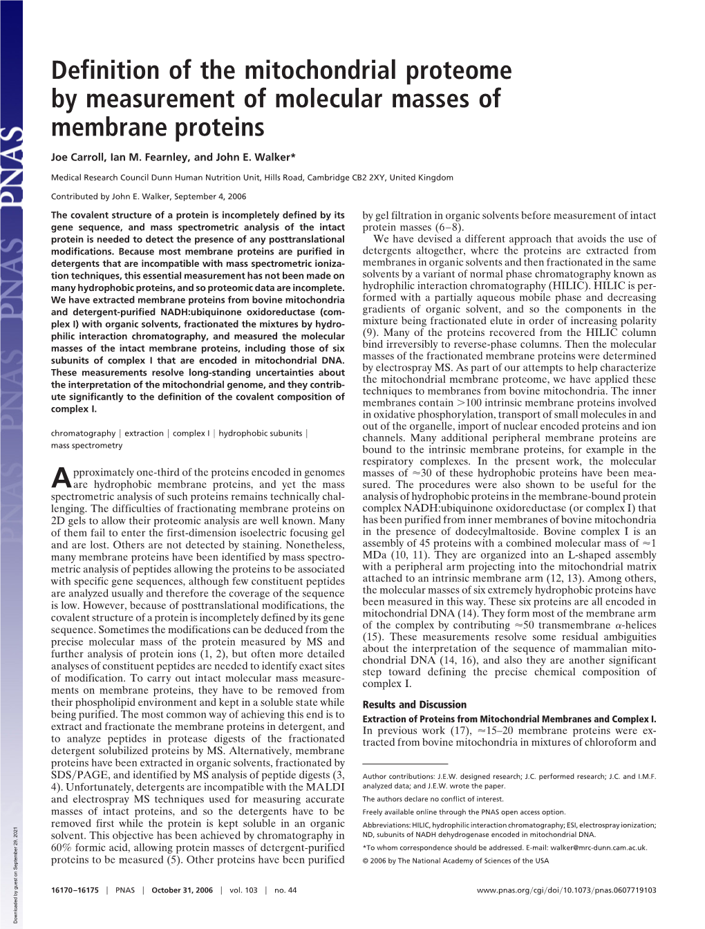 Definition of the Mitochondrial Proteome by Measurement of Molecular Masses of Membrane Proteins