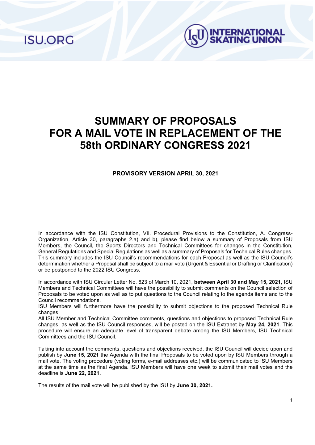 Proposals of the S&PTC for Changes in the ISU