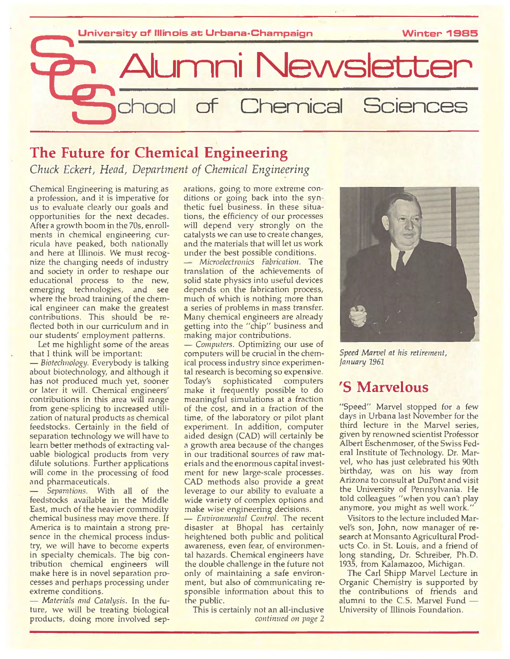 Winter 1985 Alumni Newsleller of Chemical Sciences