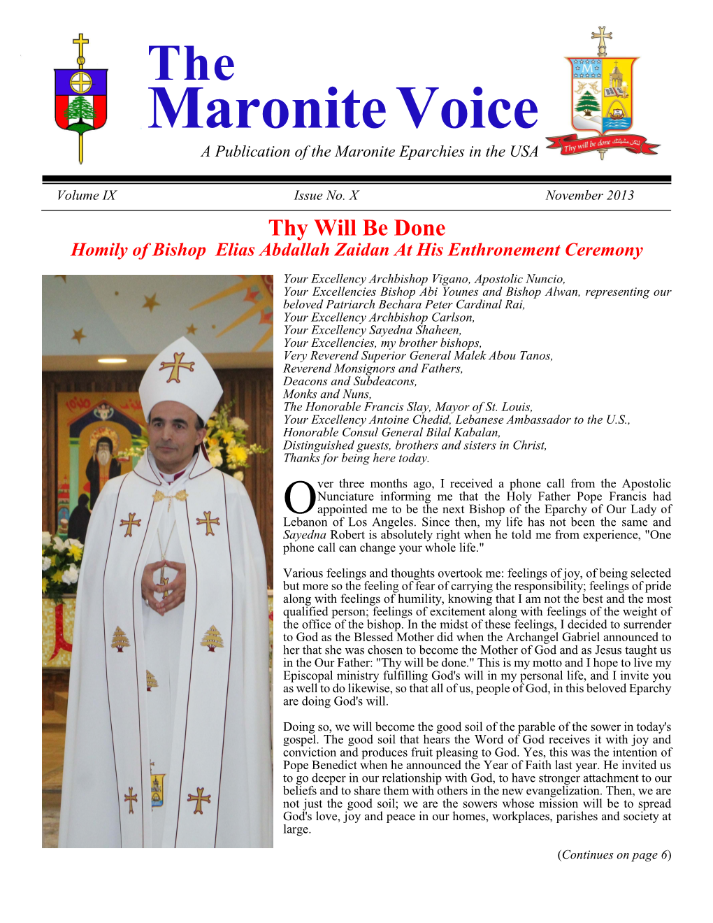 November 2013 Thy Will Be Done Homily of Bishop Elias Abdallah Zaidan at His Enthronement Ceremony