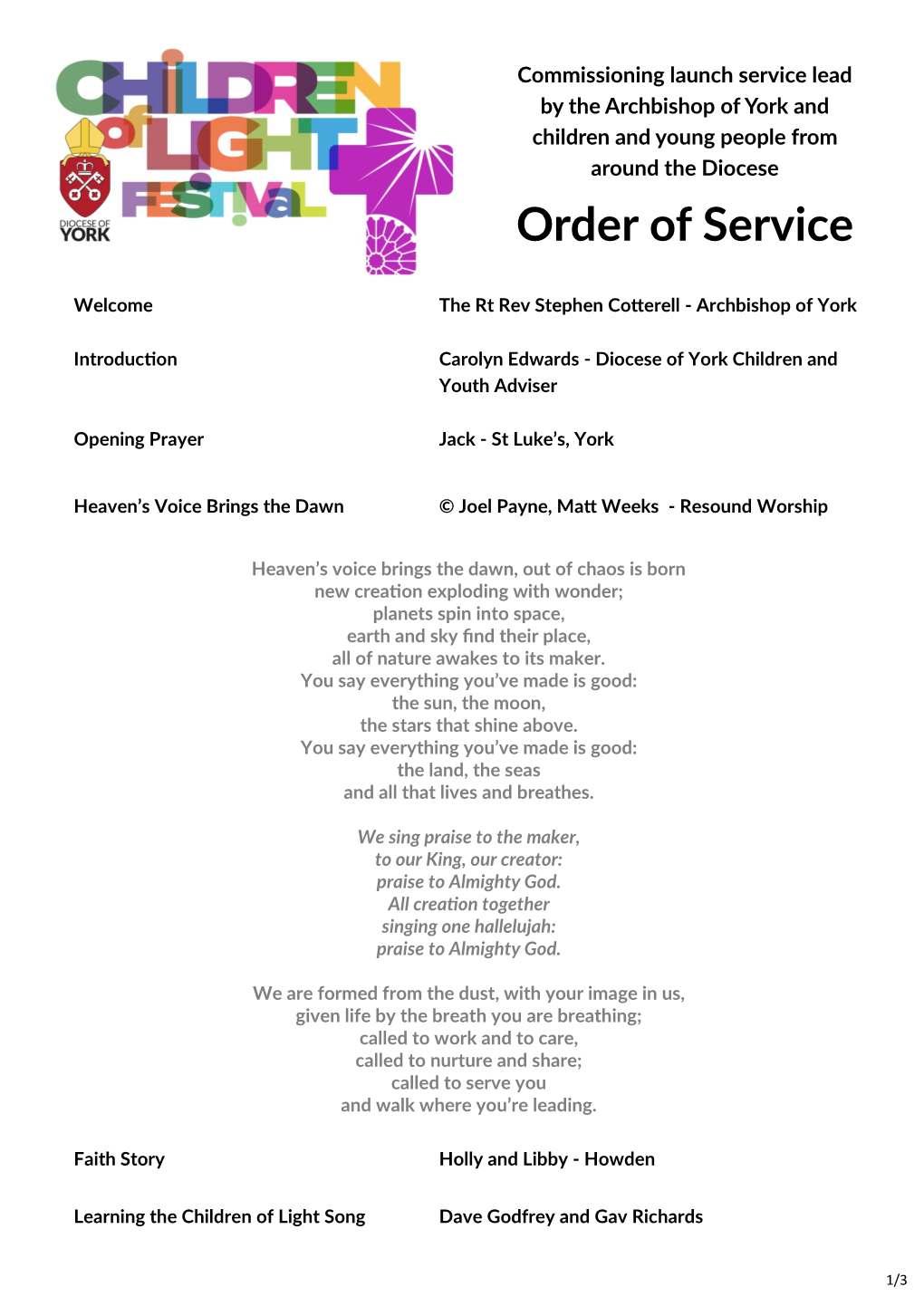 Order of Service for Children of Light Commissioning