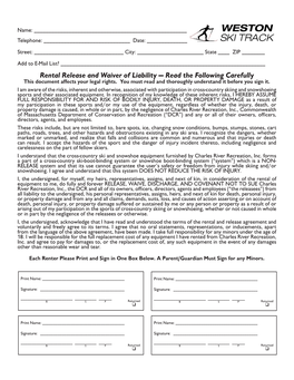 Rental Release and Waiver of Liability — Read the Following Carefully This Document Affects Your Legal Rights