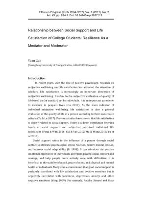 Relationship Between Social Support and Life Satisfaction of College Students: Resilience As a Mediator and Moderator