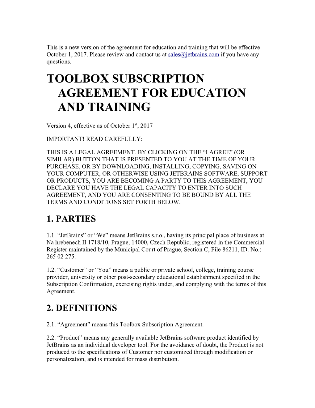 Toolbox Subscription Agreement for Education and Training