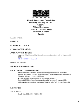 Historic Preservation Commission Thursday, February 11, 2021 7:00 PM Village Boardroom 24401 W