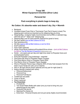 Troop 340 Winter Equipment Checklist (Silver Lake) Personal List Pack