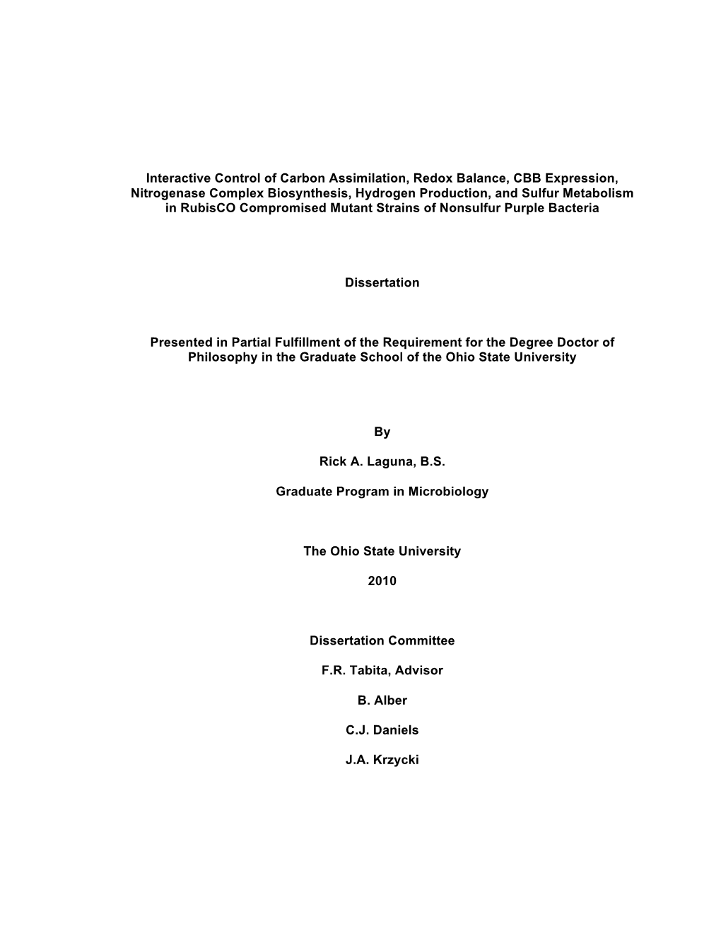 Interactive Control of Carbon Assimilation, Redox Balance, CBB