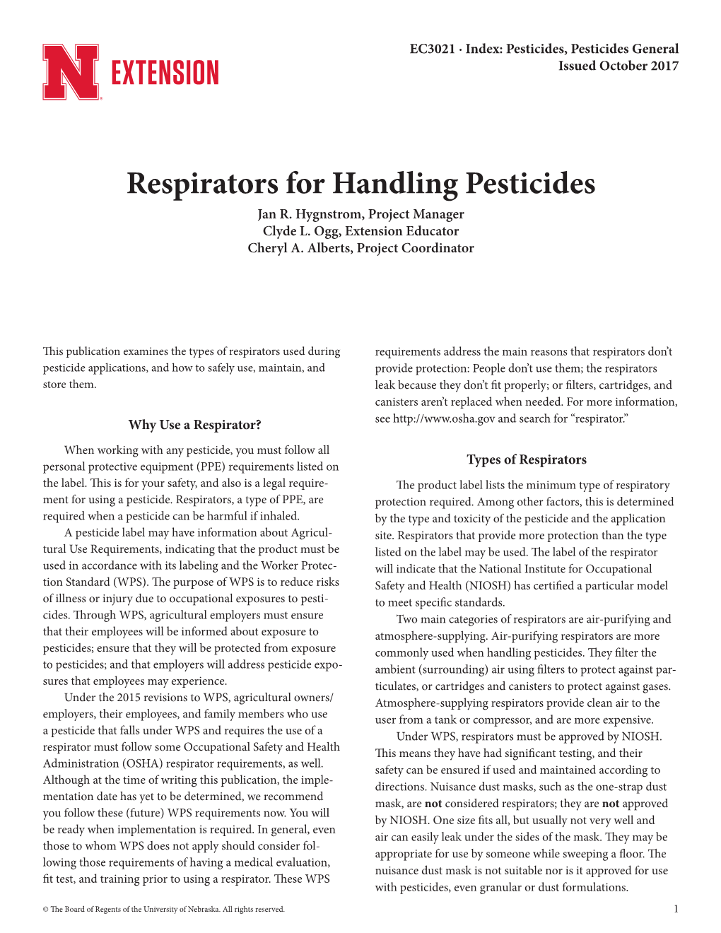 Respirators for Handling Pesticides Jan R