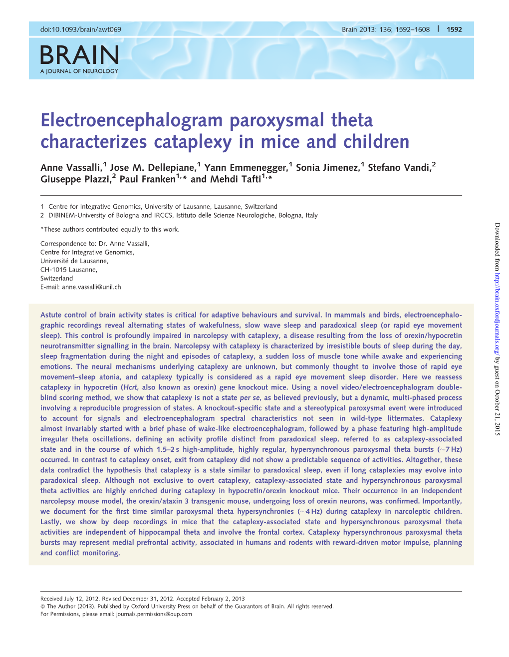 Electroencephalogram Paroxysmal Theta Characterizes Cataplexy in Mice and Children