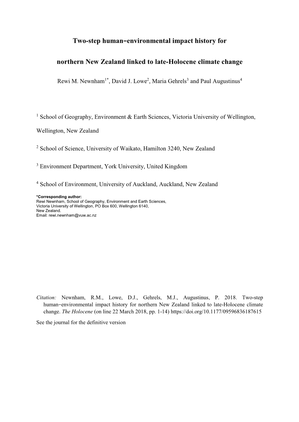 Two-Step Human−Environmental Impact History for Northern New Zealand Linked to Late-Holocene Climate Change