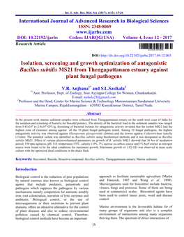 Isolation, Screening and Growth Optimization of Antagonistic Bacillus Subtilis MS21 from Thengapattanam Estuary Against Plant Fungal Pathogens