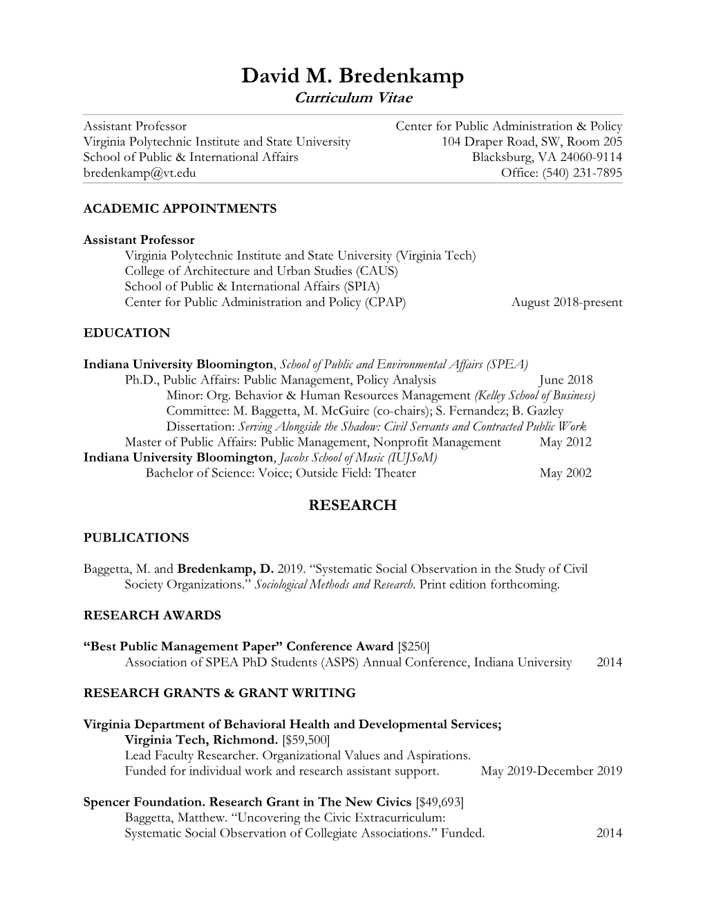 David M. Bredenkamp Curriculum Vitae