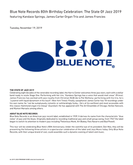 Blue Note Records 80Th Birthday Celebration: the State of Jazz 2019 Featuring Kandace Springs, James Carter Organ Trio and James Francies