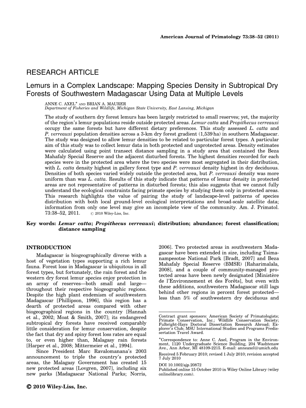 Lemurs in a Complex Landscape: Mapping Species Density in Subtropical Dry Forests of Southwestern Madagascar Using Data at Multiple Levels Ã ANNE C