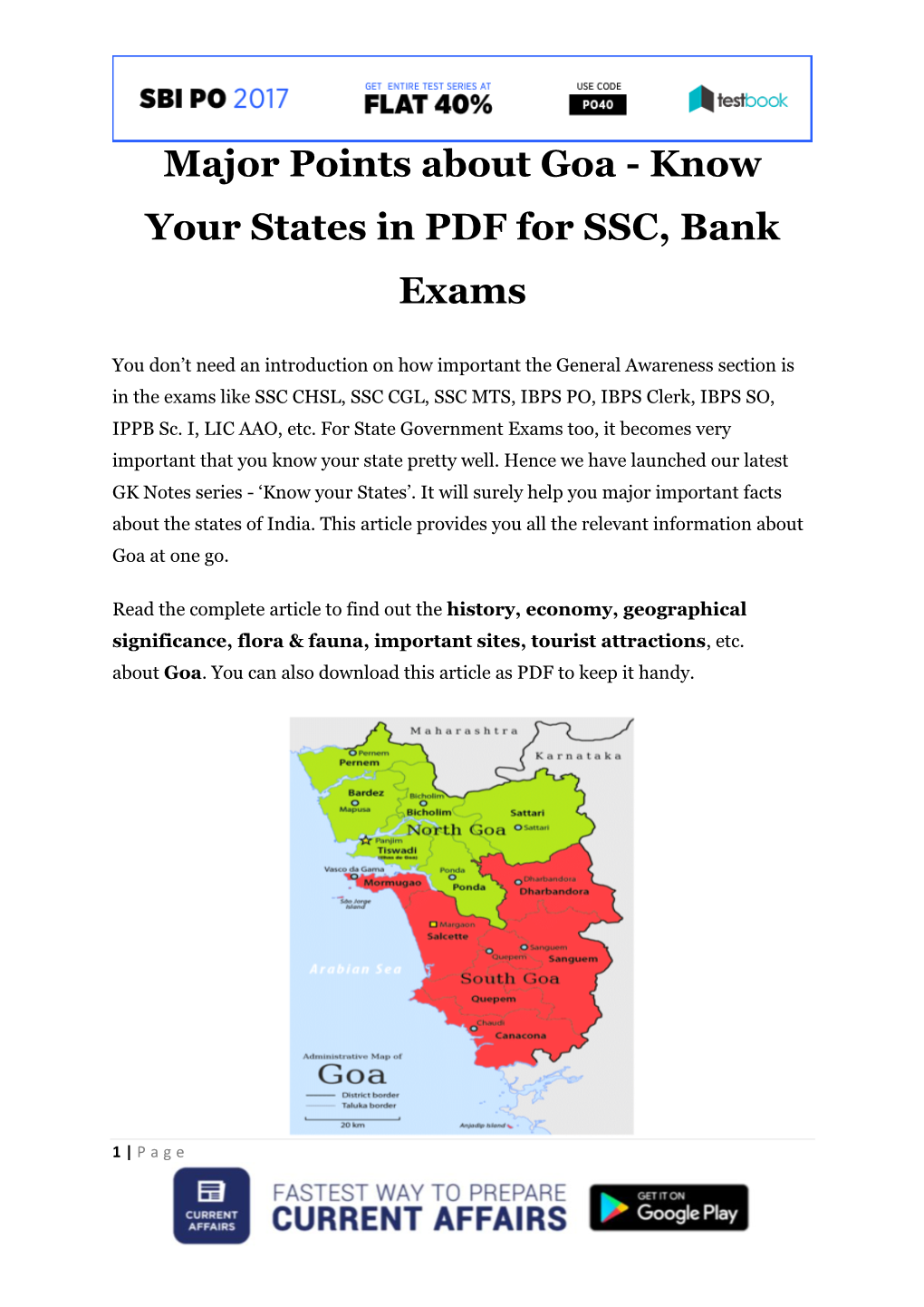 Major Points About Goa - Know Your States in PDF for SSC, Bank Exams