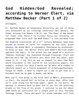 God Hidden/God Revealed; According to Werner Elert, Via Matthew Becker (Part 1 of 2)