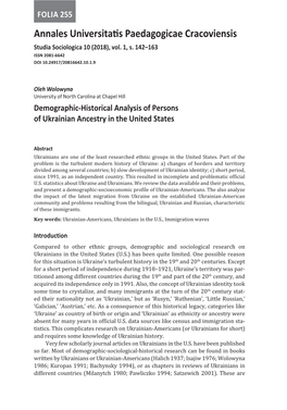 Demographic-Historical Analysis of Persons of Ukrainian Ancestry in the United States
