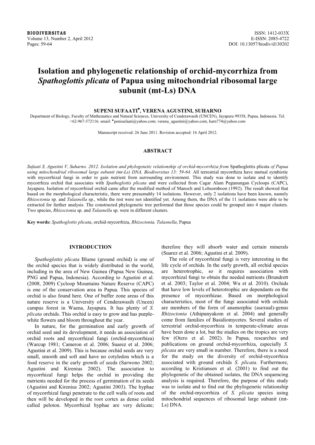 Isolation and Phylogenetic Relationship of Orchid-Mycorrhiza from Spathoglottis Plicata of Papua Using Mitochondrial Ribosomal Large Subunit (Mt-Ls) DNA