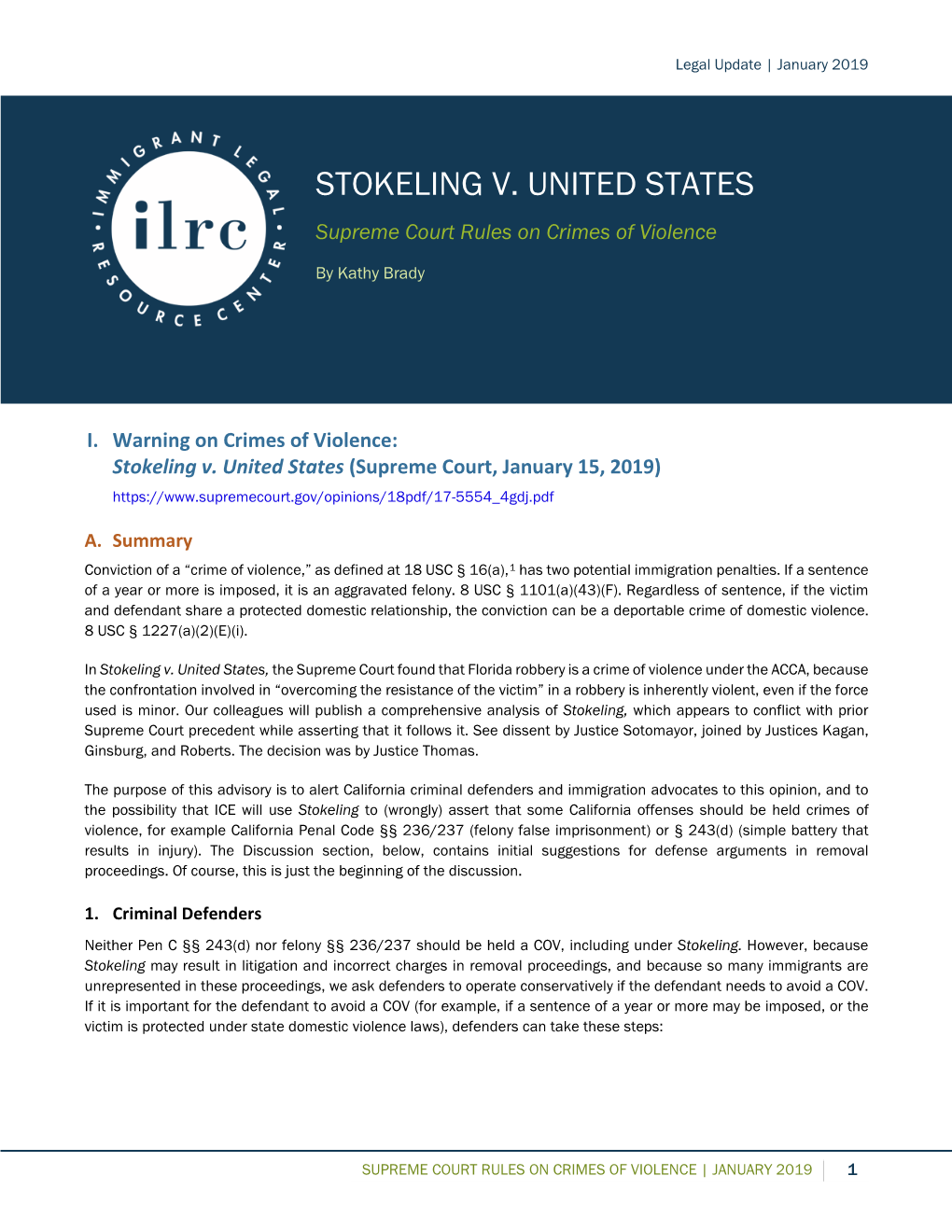 Stokeling V. United States: Supreme Court Defines “Crime of Violence”