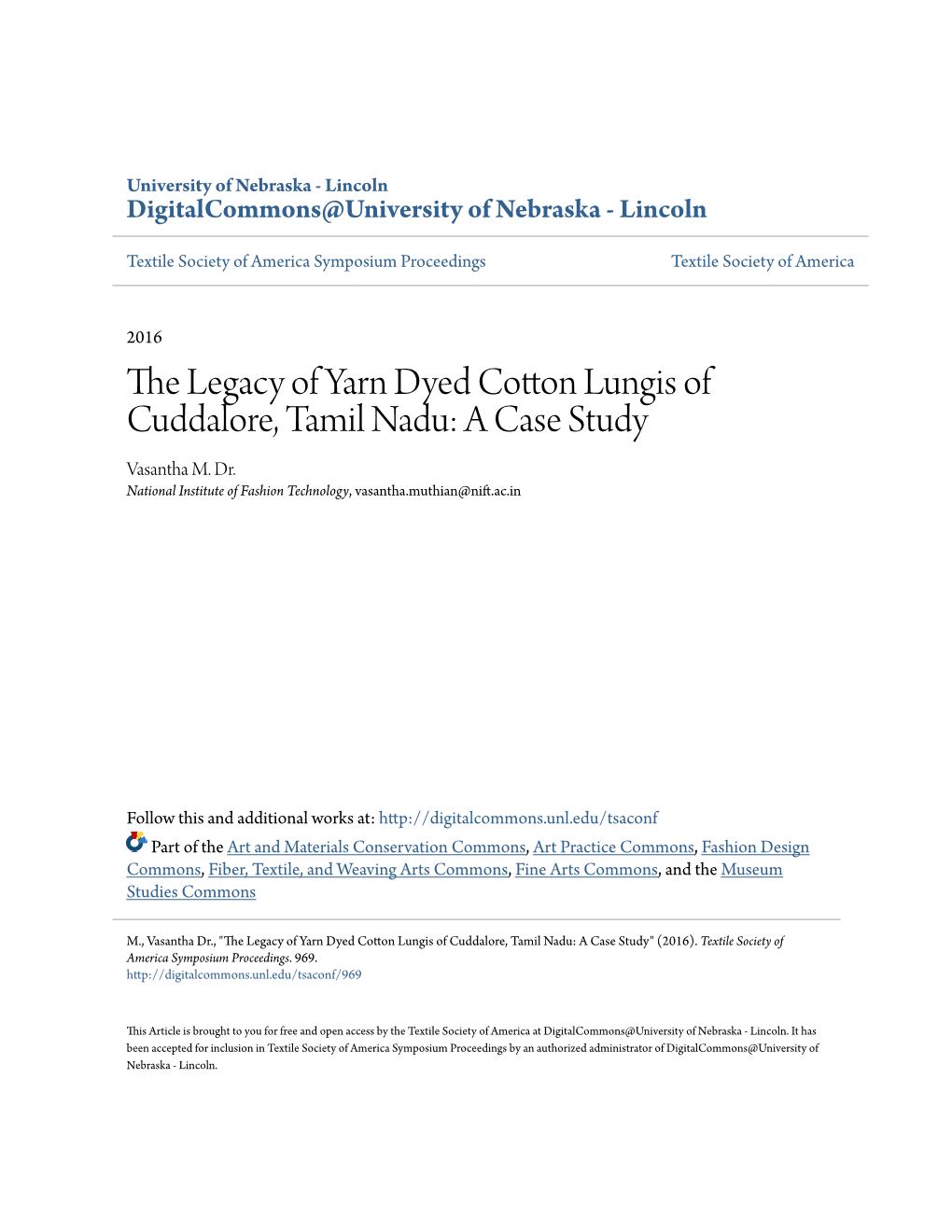 The Legacy of Yarn Dyed Cotton Lungis of Cuddalore, Tamil Nadu: a Case Study Vasantha M