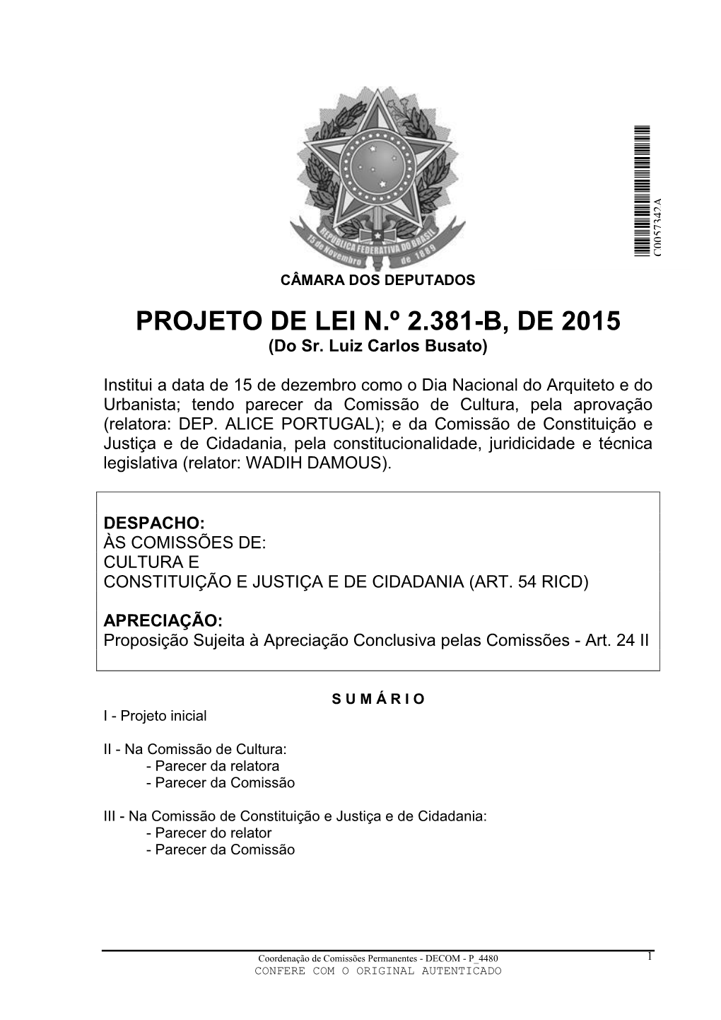 PROJETO DE LEI N.º 2.381-B, DE 2015 (Do Sr