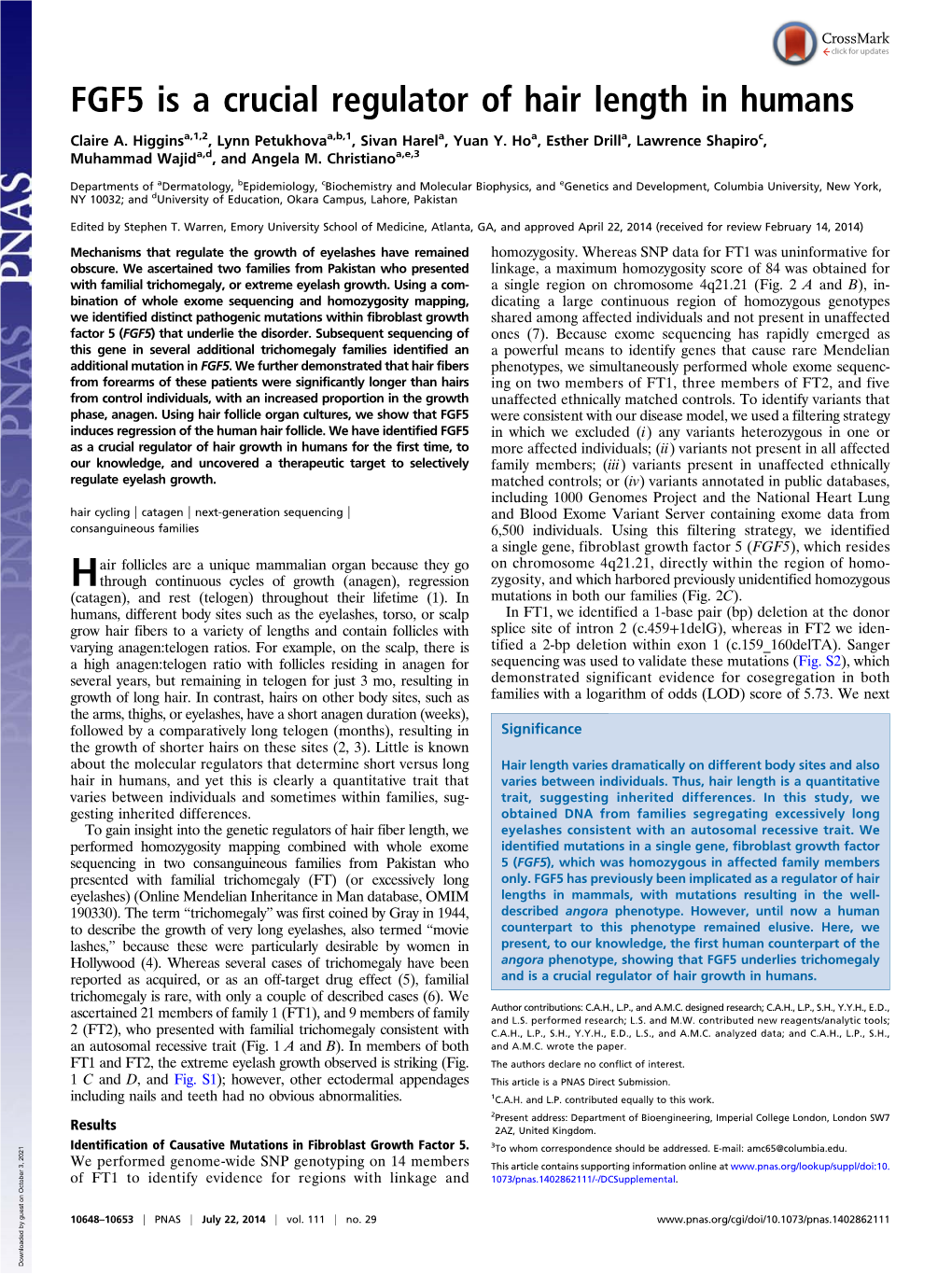 FGF5 Is a Crucial Regulator of Hair Length in Humans