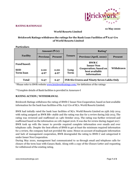 RATING RATIONALE 12 May 2020 World Resorts Limited