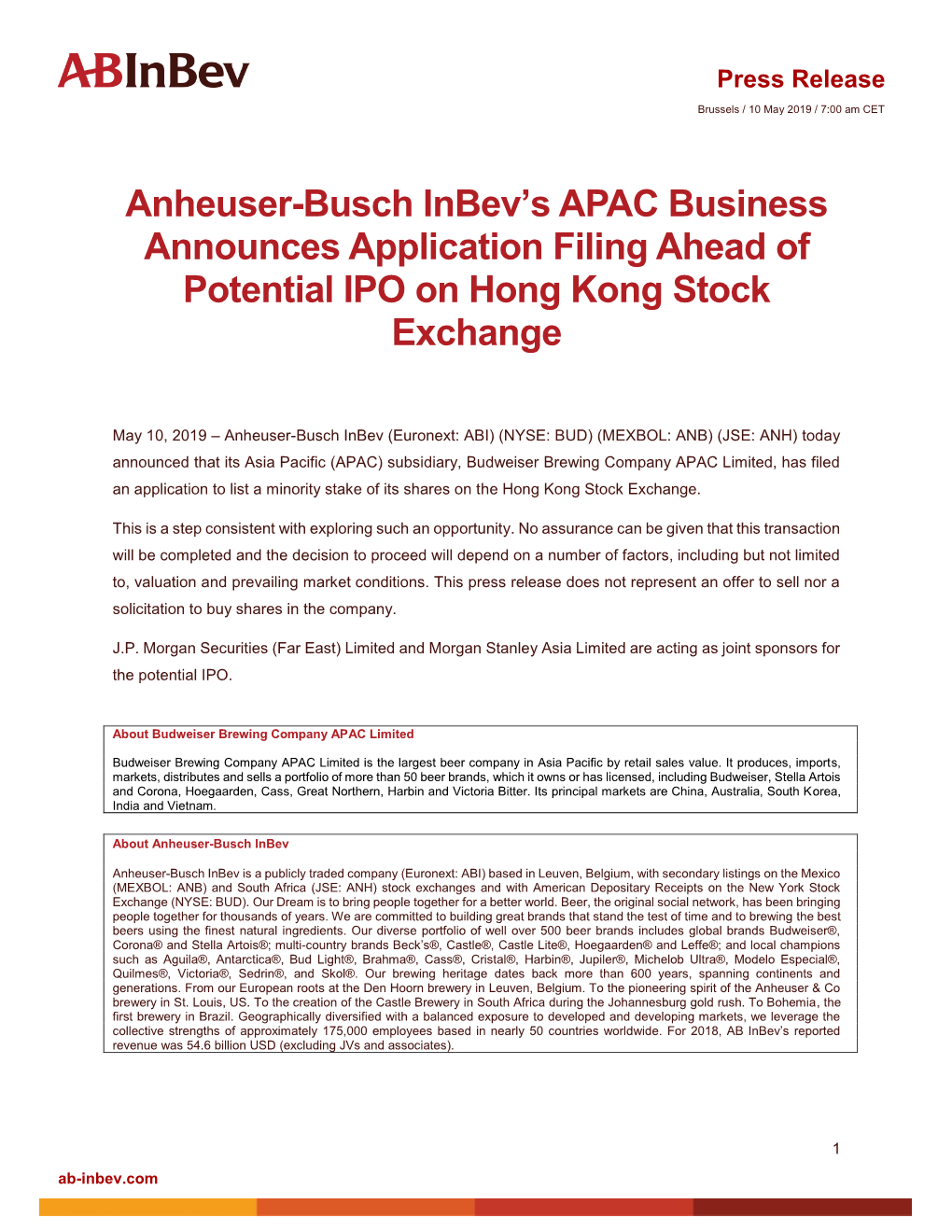 Anheuser-Busch Inbev's APAC Business Announces Application