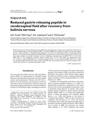 Reduced Gastrin Releasing Peptide in Cerebrospinal Fluid After Recovery from Bulimia Nervosa