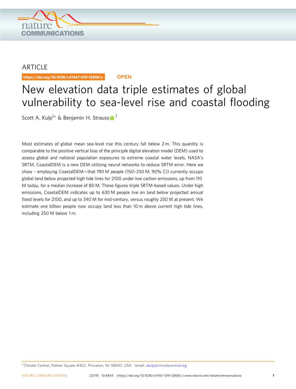 New Elevation Data Triple Estimates of Global Vulnerability to Sea-Level Rise and Coastal ﬂooding