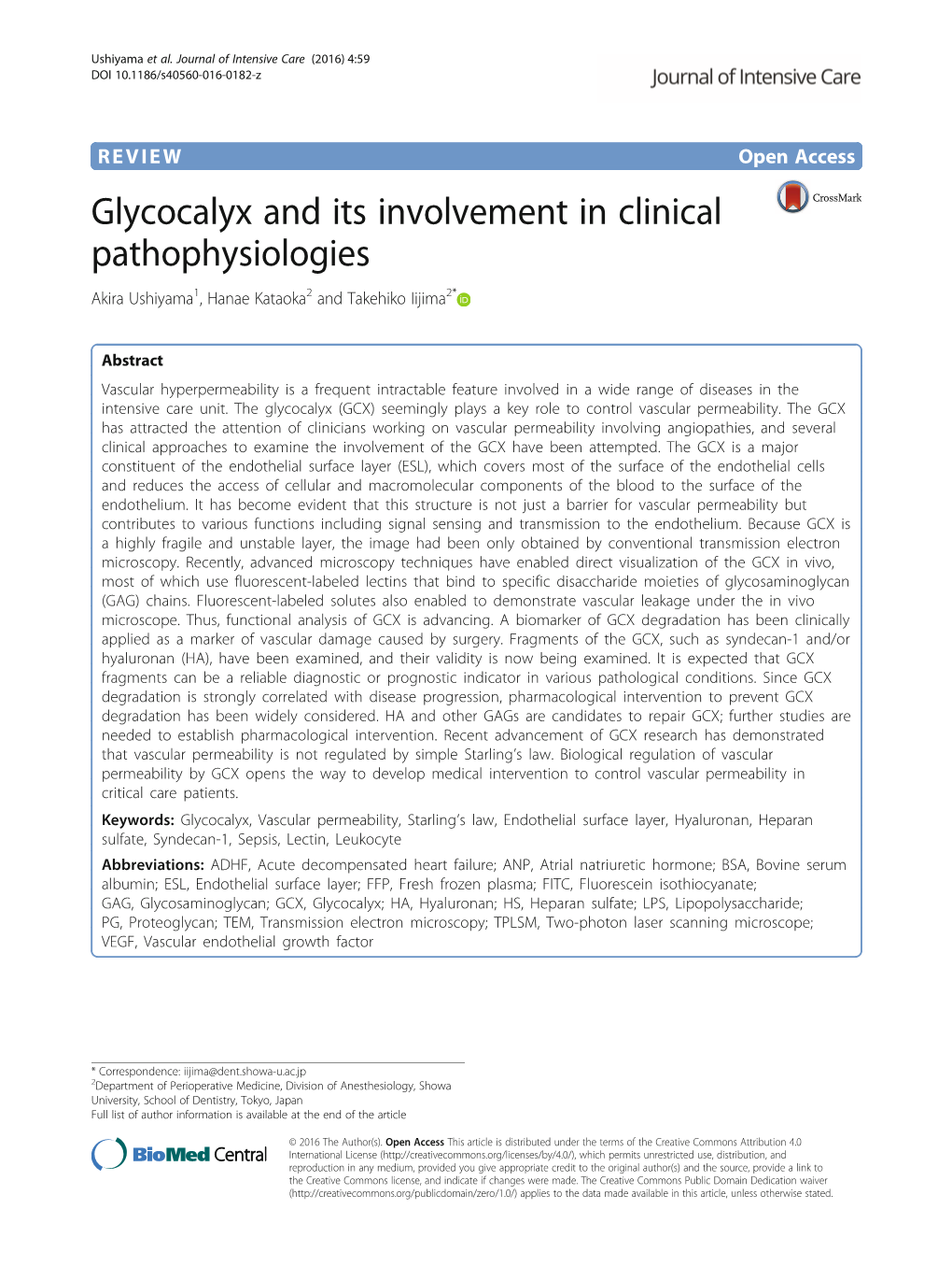 Glycocalyx and Its Involvement in Clinical Pathophysiologies Akira Ushiyama1, Hanae Kataoka2 and Takehiko Iijima2*