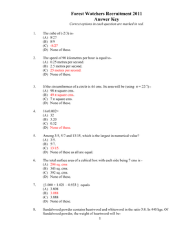 Forest Watchers Recruitment 2011 Answer Key Correct Options in Each Question Are Marked in Red