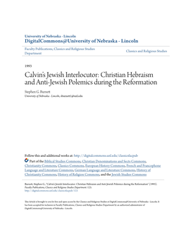 Calvin's Jewish Interlocutor: Christian Hebraism and Anti-Jewish Polemics During the Reformation