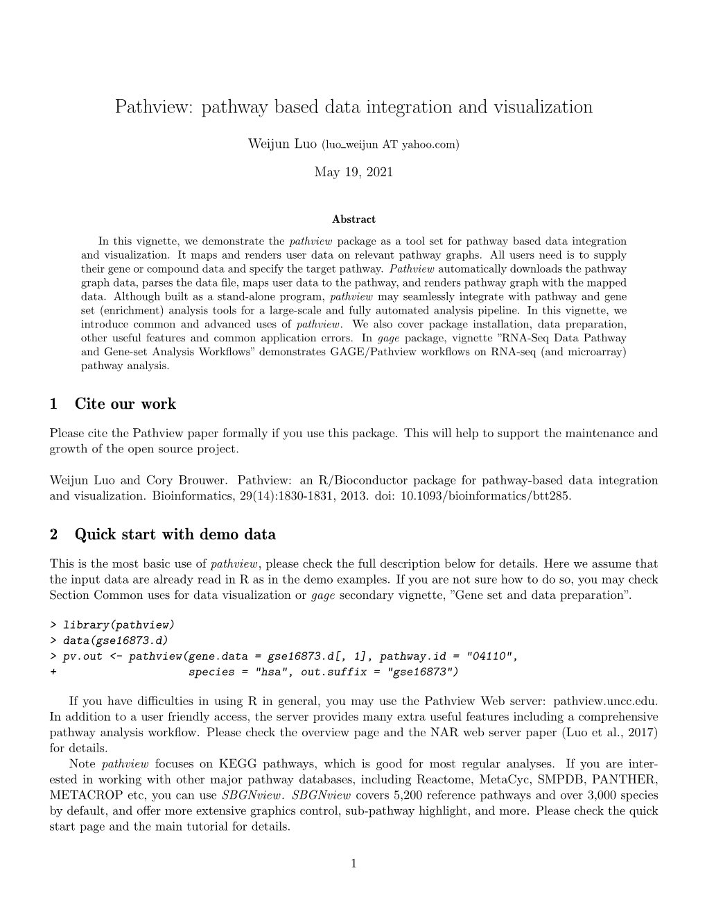 Pathview: Pathway Based Data Integration and Visualization