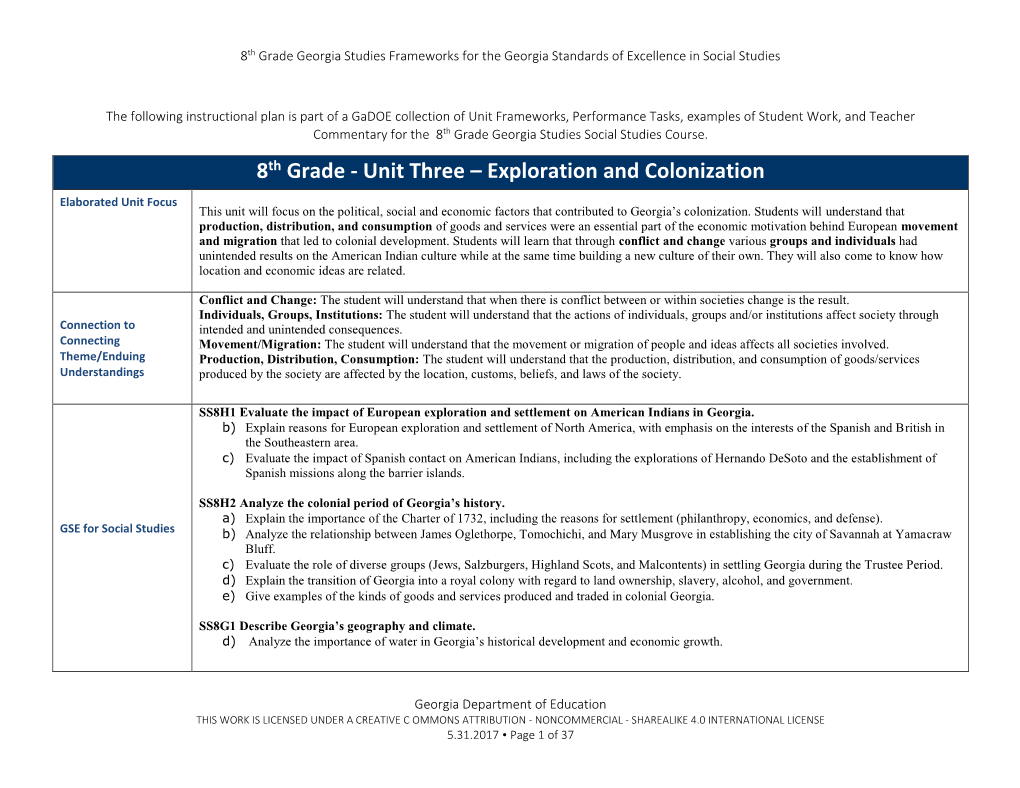 8Th Grade Georgia Studies Frameworks for the Georgia Standards of Excellence in Social Studies