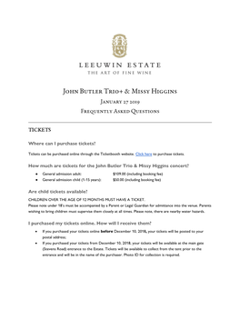 John Butler Trio+ & Missy Higgins Leeuwin Estate FAQ's