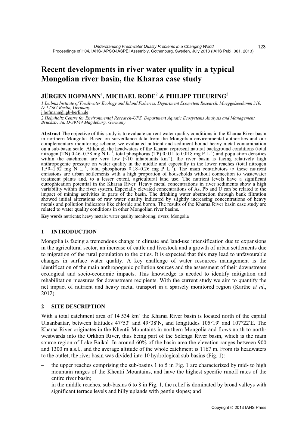 Recent Developments in River Water Quality in a Typical Mongolian River Basin, the Kharaa Case Study