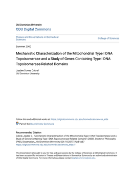Mechanistic Characterization of the Mitochondrial Type I DNA Topoisomerase and a Study of Genes Containing Type I DNA Topoisomerase-Related Domains