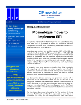 CIP Newsletter CENTER for PUBLIC INTEGRITY Mozambique June 2010 Good Governance, Transparency, Integrity Nº 6