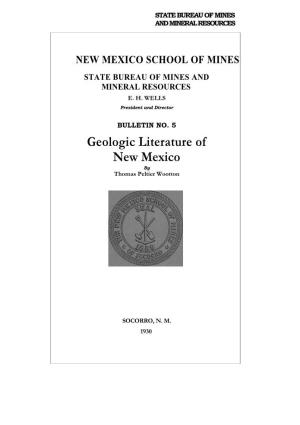 Geologic Literature of New Mexico by Thomas Peltier Wootton