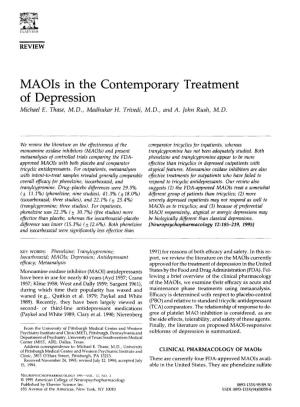 Maois in the Contemporary Treatment of Depression Michael E