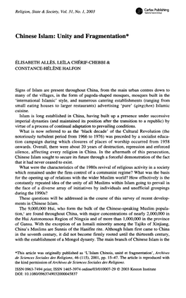 Chinese Islam: Unity and Fragmentation*