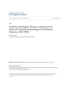 Southern Apologetic Themes, As Expressed in Selected Ceremonial Speaking of Confederate Veterans, 1889-1900