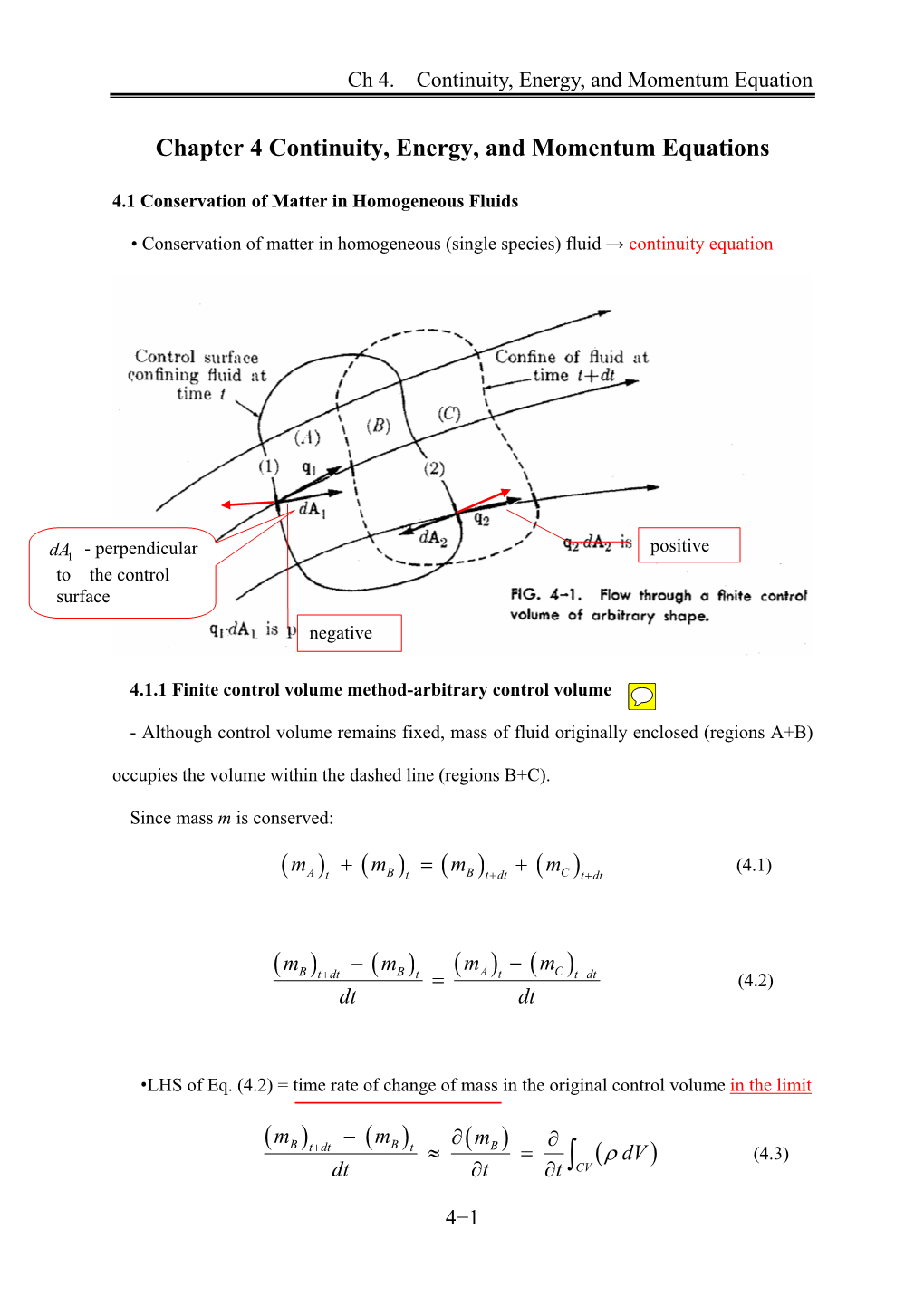 Chapter 4 Continuity, Energy, and Momentum Equations