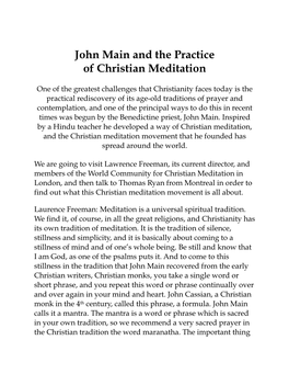 John Main and the Practice of Christian Meditation